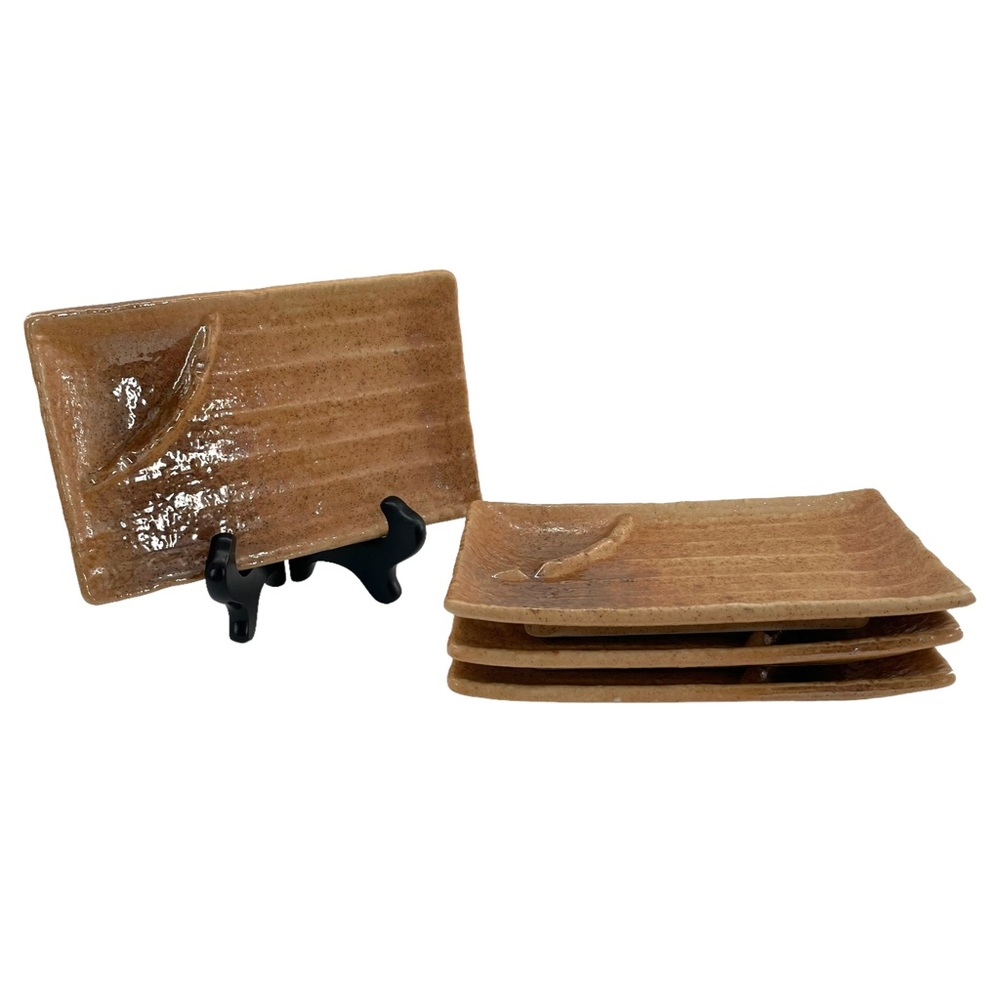 Japanese Glazed Vintage Tan Stoneware Sushi Plates with Ginger/Wasabi Section